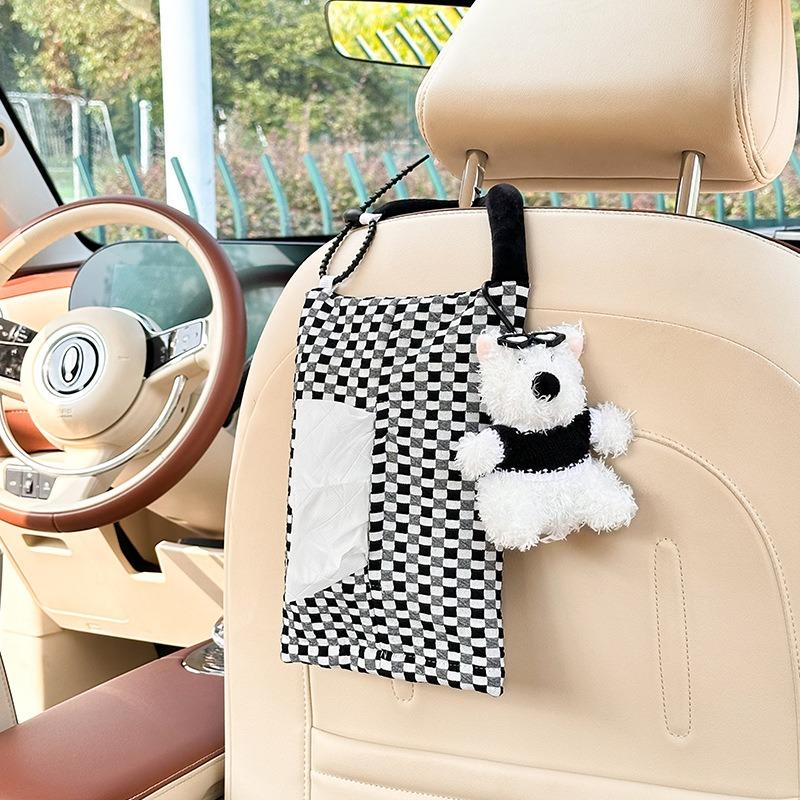 Cute Cartoon Checkerboard Backseat Hanging Car Tissue Box Creative Auto Decoration