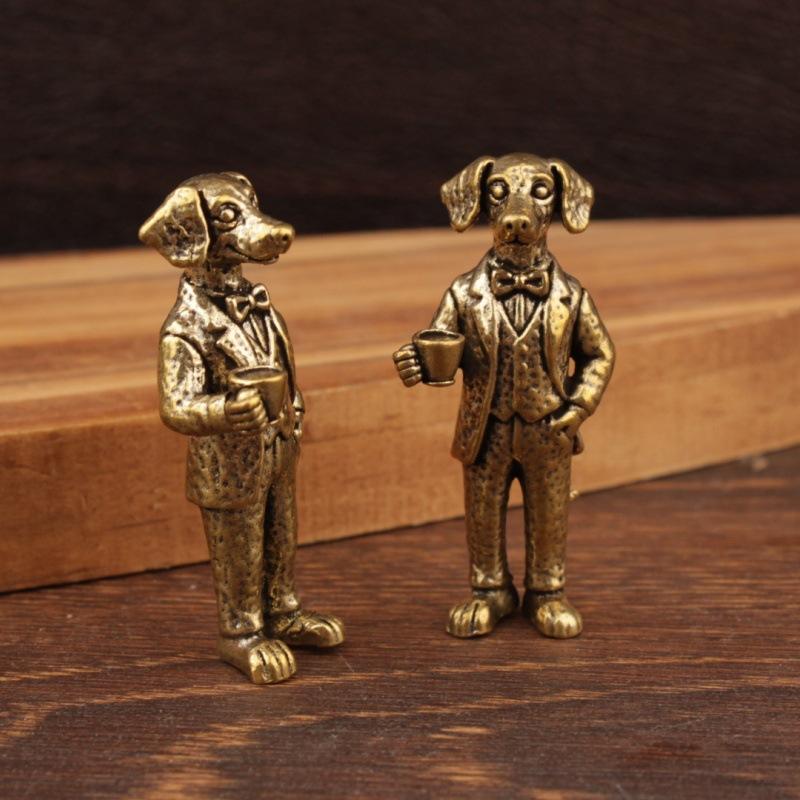 Brass Gentleman Dog Tea-Drinking Dog Figurines With Bow Tie Suit Design Vintage Finish Perfect For Home Desk Shelf Decor Gifts