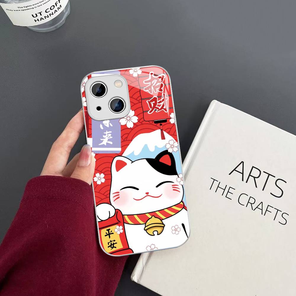 Maneki Neko Lucky Money Cat Tempered Glass For Iphone 14 13 12 11 Pro Mini XS MAX 14Plus X XS XR Cover