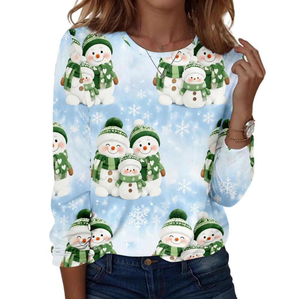 Women's Fashion Casual Long Sleeve Christmas Print Neck Top for Holiday