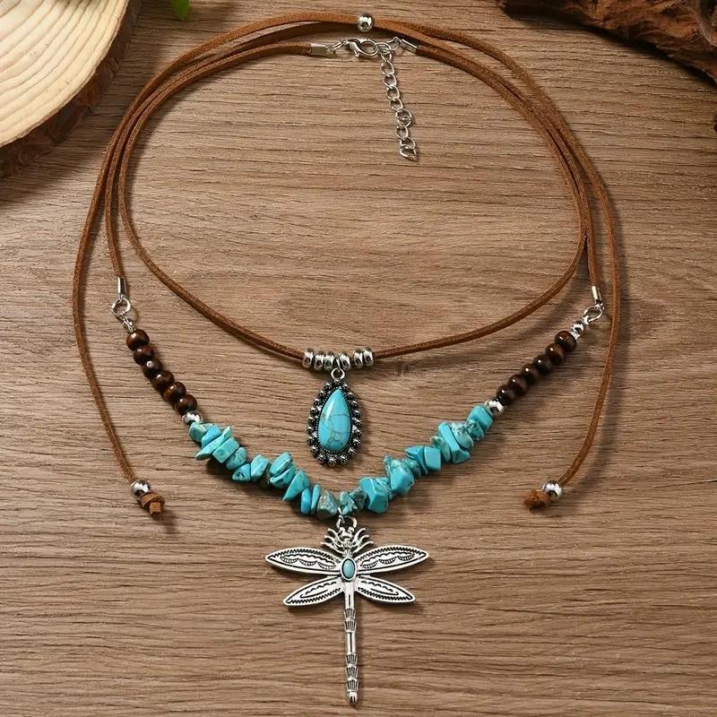 2pcs Boho Pendant Necklace for Women, Irregular Stone Wood Bead Chain with Dragonfly - PU Leather for Party Casual Gift