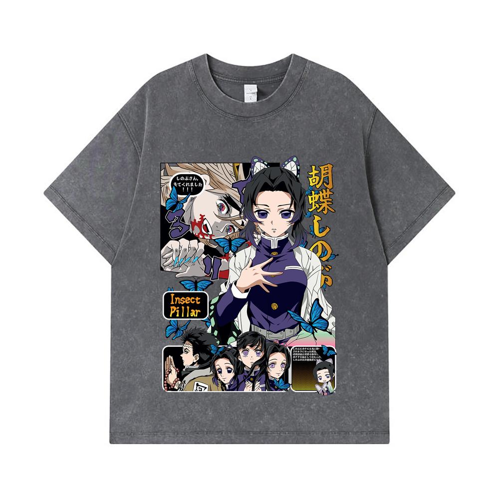 275 GSM Washed T-shirts 100% Cotton Demon Slayer V16 Shinobu Print Unisex Heavy Cotton T Shirt