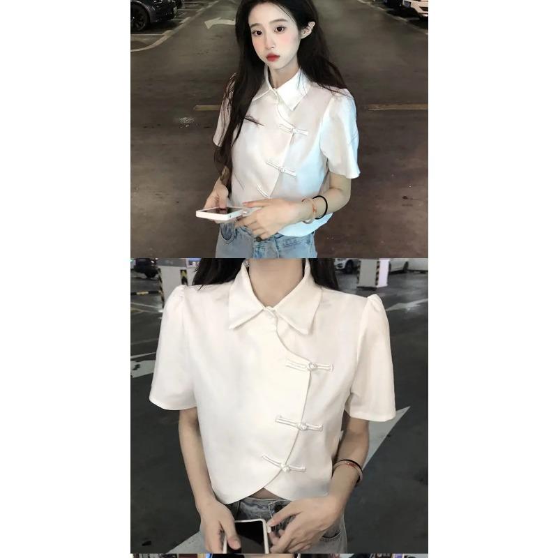 Chinese Style Shirts Women Modern Crop Pure Summer All-match Sweet Girl Irregular Fashion Lady Elegant Thin