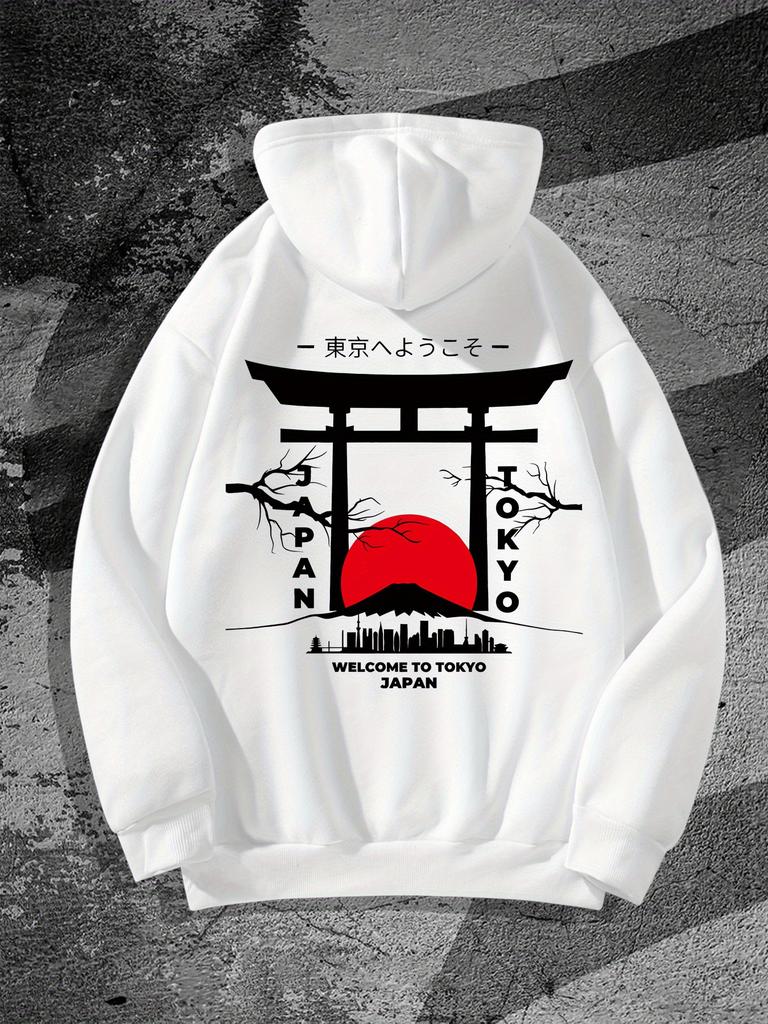 Men's Autumn Winter Tokyo Skyline Graphic Hoodie - Japanese Torii Gate & Rising Sun Design, Relaxed Fit Casual Pullover