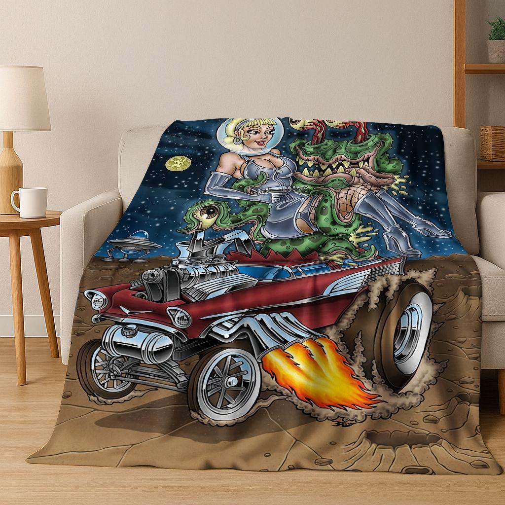 3D Buntowniczy RAT FINK Samochody Znak Kreskówkowy Koc Flanelowy, Ciepły i Przytulny Miękki Koc Rzutowy do Domu Sypialni Łóżka Sofy Pokrycie Piknikowe