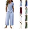 Women's Loose Fit Casual Embroidered Linen Set Short Sleeve Top with Wide Leg Pants Lightweight Summer Outfit