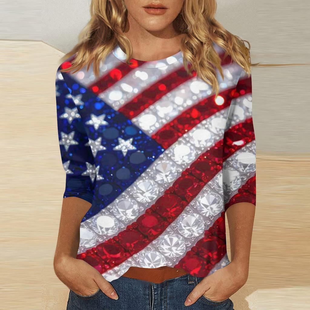 Women's Independence Day Print Round Neck Seven-Eighths Sleeve Top