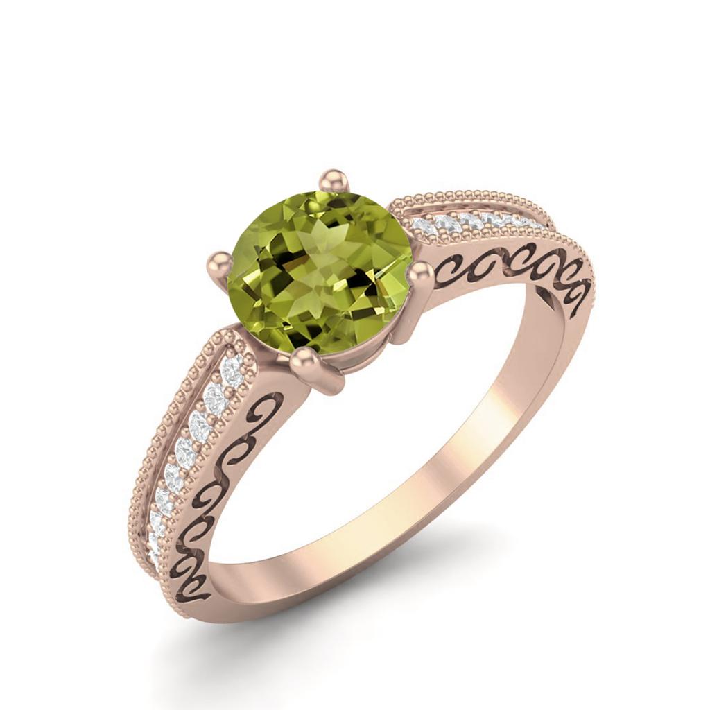 6mm Round Peridot 925 Sterling Silver Rose Vermeil Solitaire Accents Women Wedding Ring