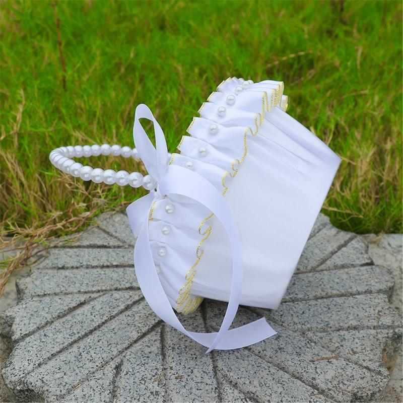 Elegant White And Gold Wedding Decorative Basket For Bridal Ceremonies Parties Decors Durable Fabric Storage Container