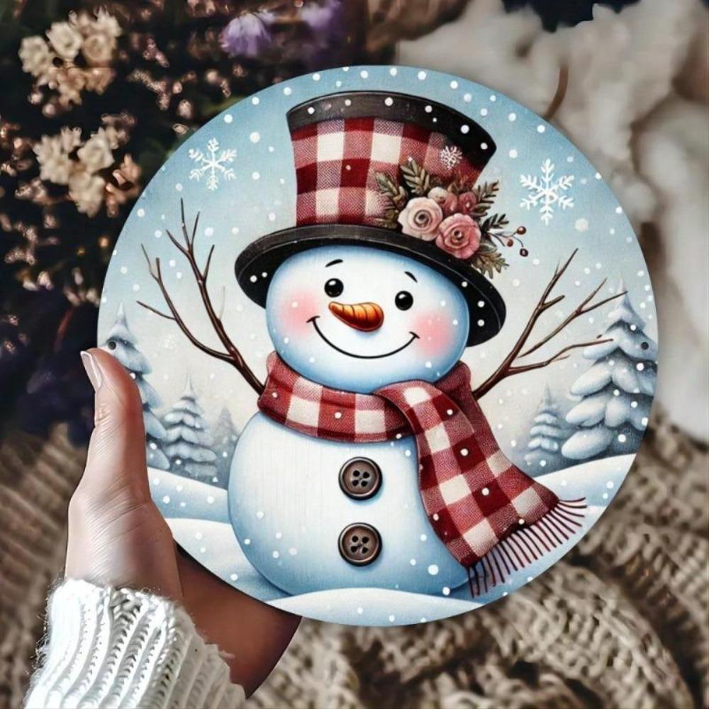 Metal Tin Sign Snowman Wall Art Rustic Holiday Decor Aluminum Round 20cm