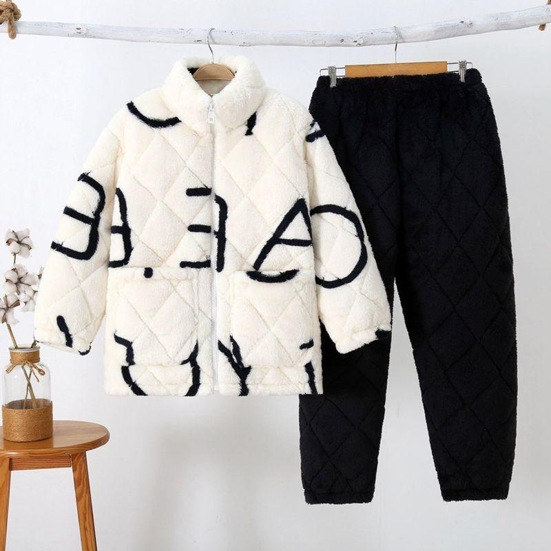 Thickened pajamas women's winter three-layer coral fleece padded cotton can be worn outside, plus sweet loungewear set