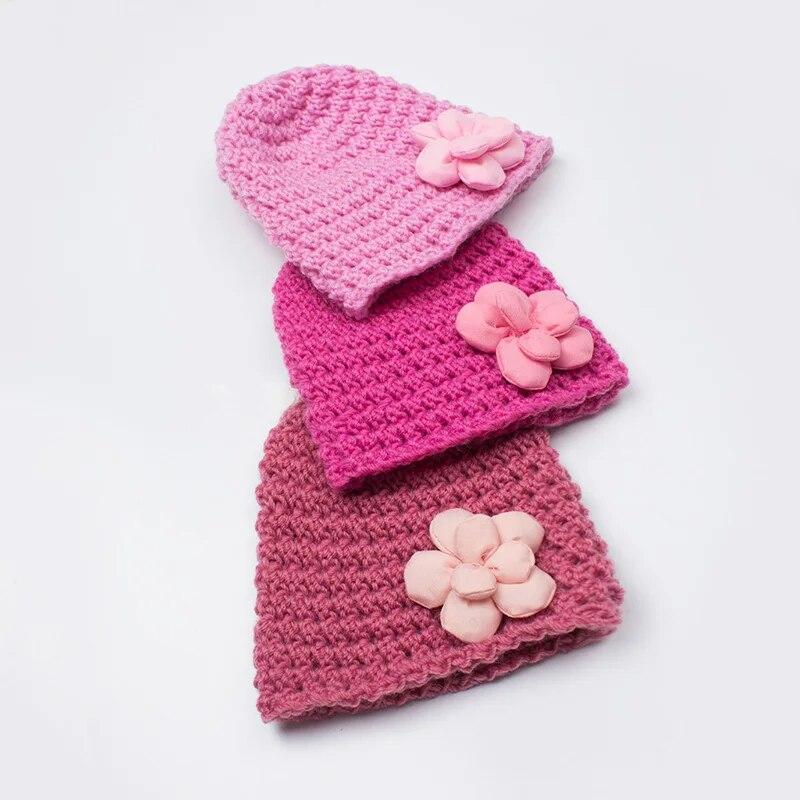 Knitted Baby Hat with Flower Autumn Winter Warm Boy Girl Beanie Cap Cute Solid Color Newborn Infant Bonnet Accessory