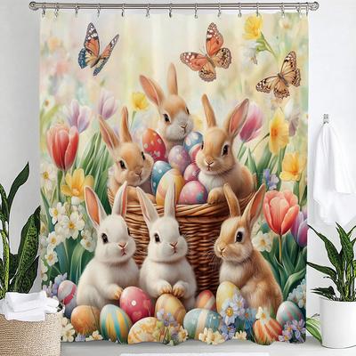 1pc Cartoon Cute Rabbit, Easter Print Waterproof Shower Curtain Hanging Curtain 12 Hooks Multi Size Decoration Machine Washable