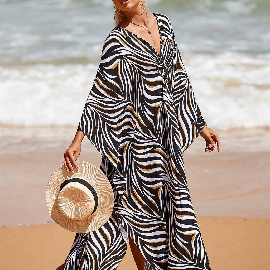 Women's Fashion Vacation Summer Spring Zebra Print Long Sleeve V-Neck Casual Dresses