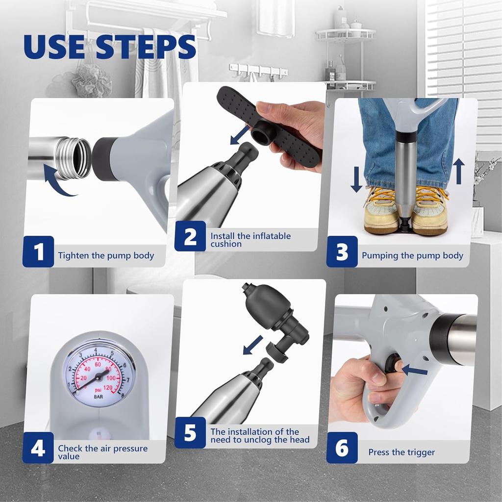 Toilet Plunge Blaster, High Pressure Toilet Plunger, High-Pressure Air Drain Blaster Plunge Blaster Multi-drain Unclogger for Toilets, Bathroom