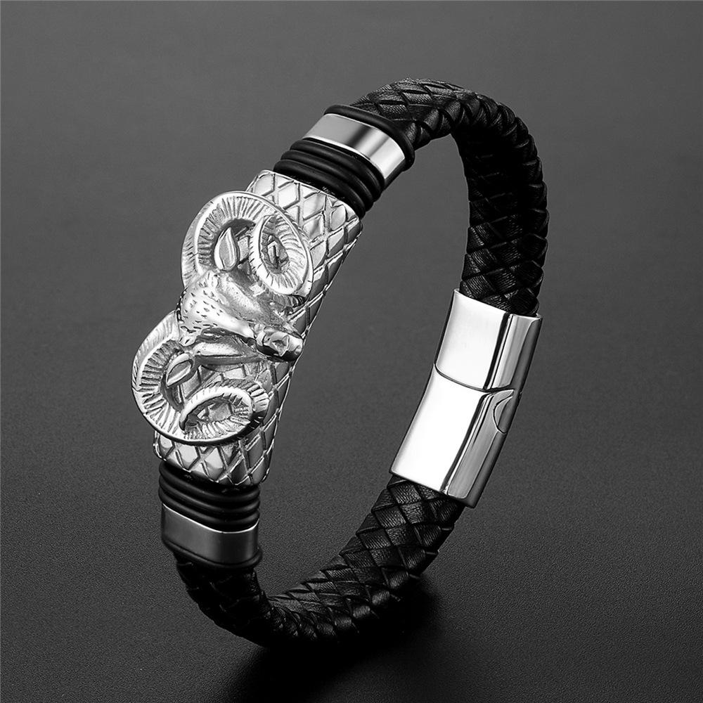 2026 European and American Men's Constellation Leather Bracelet Woven, Fashionable Titanium Steel Leather Rope Bracelet Men