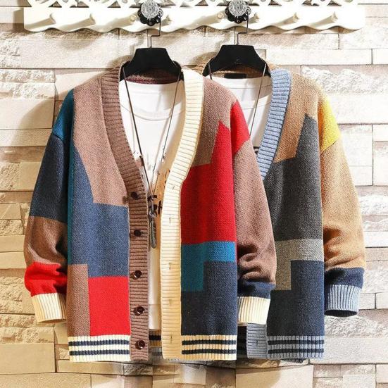 Men Fall Winter Sweater Coat Cardigan Knitted Thick Colorblock Long Sleeve Single-breasted