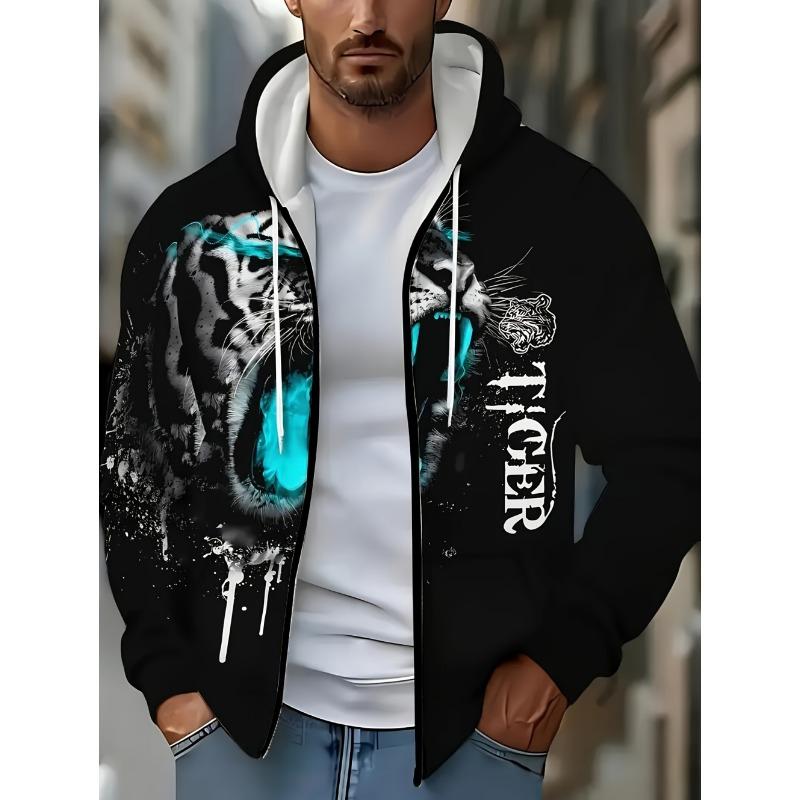 Herren Kapuzenpullover mit Reißverschluss und Tiger-Grafik, Langarm, Lässiger Outdoor-Mode-Mantel mit Kordelzug und Taschen, Reißverschluss-Kapuzenpullover für den Mann