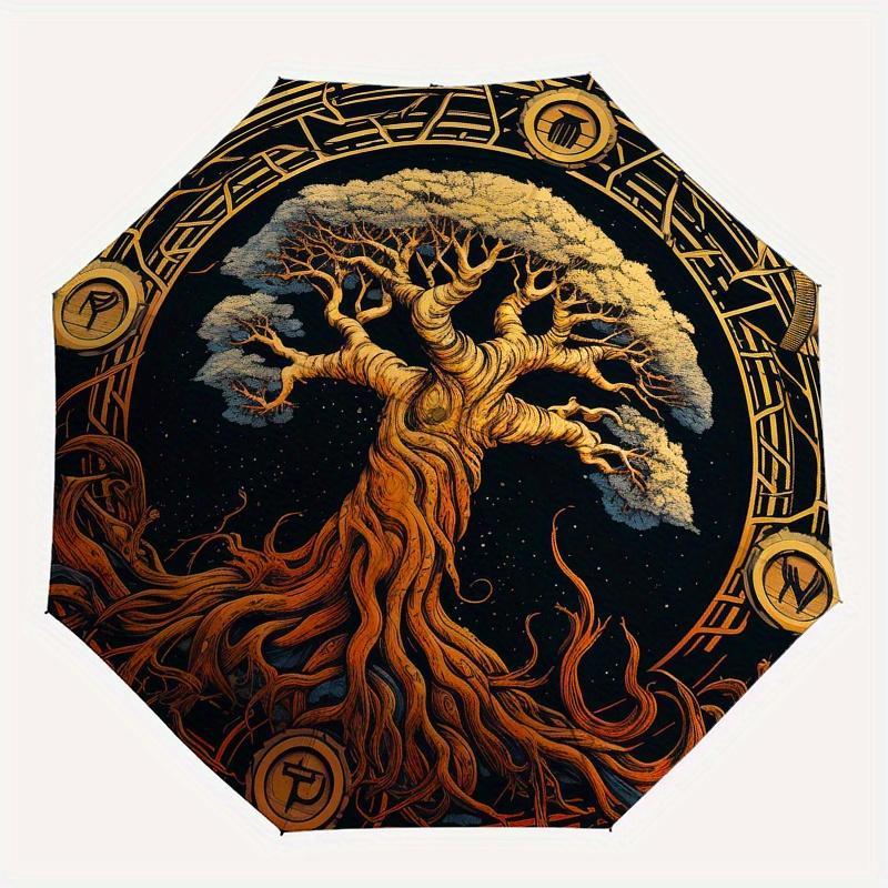 Tree of Life Circular Wall Art DecorUmbrella, Portable 3-Fold Compact Umbrella for Men & Women Gift