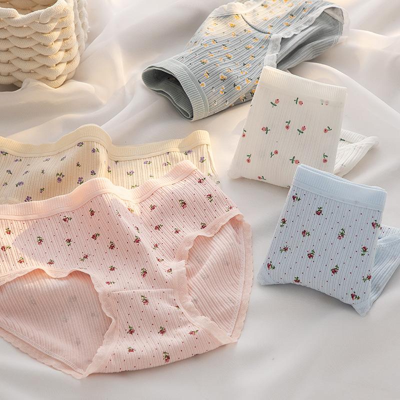 Women's Cotton Underwear Sexy Lace Panties Girls' Floral Thread Briefs Mid Waist Seamless Underpants Female Lingerie
