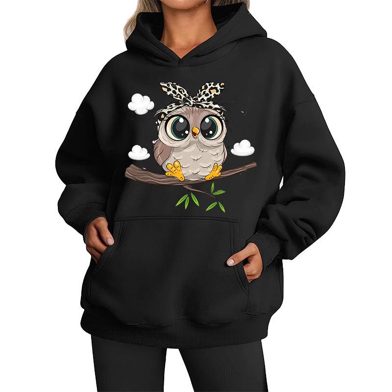 

Autumn Winter Cute Owl Print Design Women Hooded Hoodie American Style Casual Fashion Hip Hop Female Pullovers Casual Sweatshirt 3XL