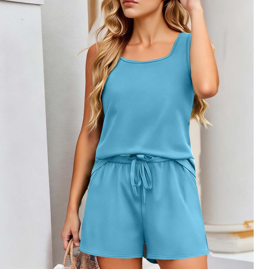 Women's Fashionable, Casual And Comfortable Sleeveless Square-Neck -Colour High-Waisted Shorts Casual Two-Piece Set