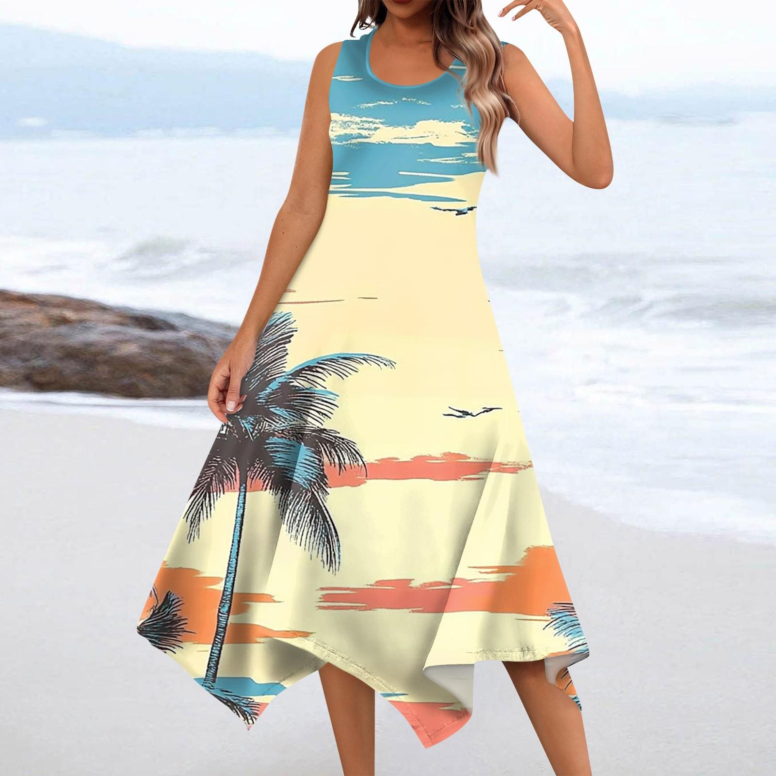 

Women s Casual Fashion Round Neck Sleeveless Floral Print Irregular Hem Midi Dress M