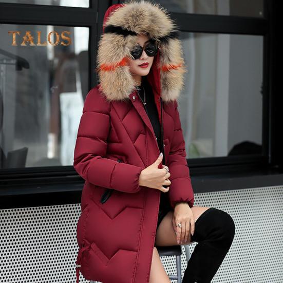 Winter Women Cotton Jacket with Furry Hood Neck Protection Pockets Mid Length Zipper Closure Padded Coat Solid Color Windproof Outwear Parka