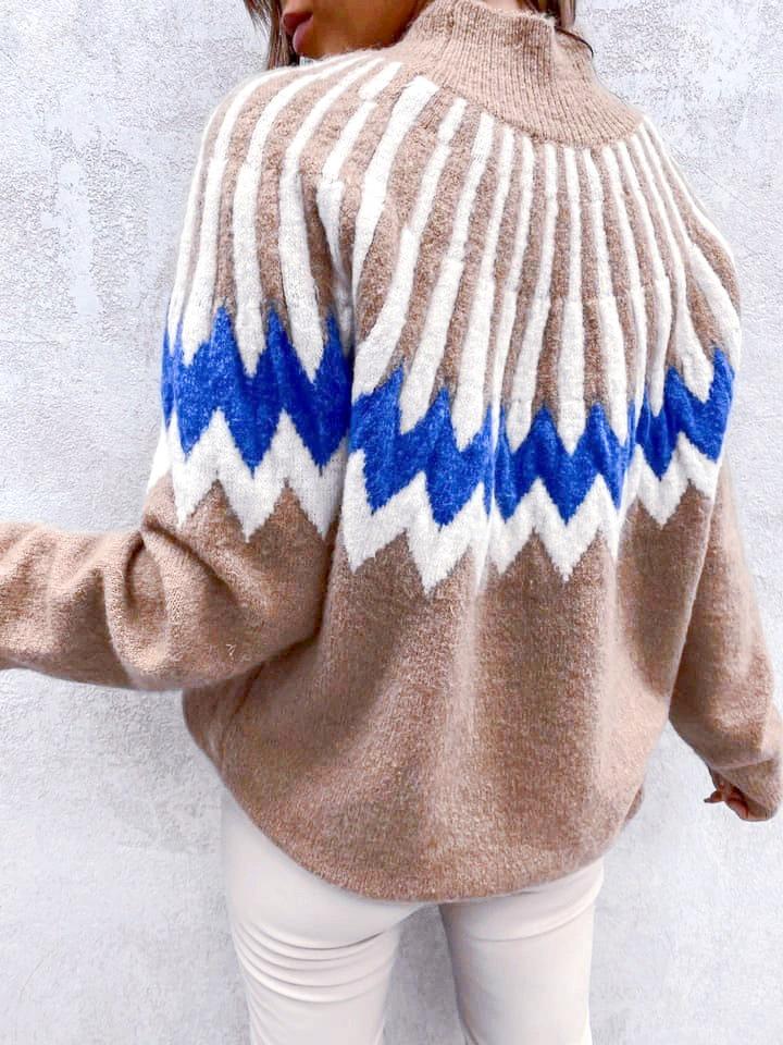 

Women s Ethnic Style Diamond Knit Pullover - Semi-High Neck, Casual Loose Fit Sweater Large хакі