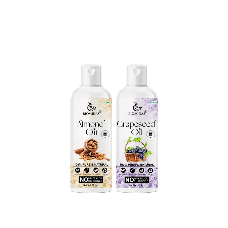 Biomidas 100% Pure Almond Oil 60Ml & Grapeseed Oil 60Ml Combo For Rapid Hair Growth, Hair Fall, Split Ends & Promotes Softer & Shinier Hair (P