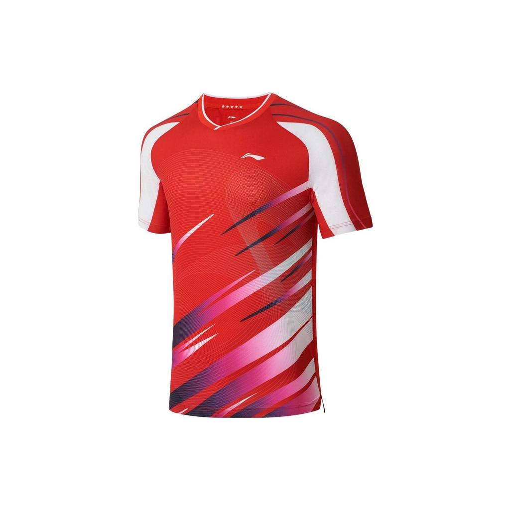 Li-Ning Striped Print Logo Quick-Dry V-Neck Short Sleeve T-Shirt Men Tops Red AAYS237-2