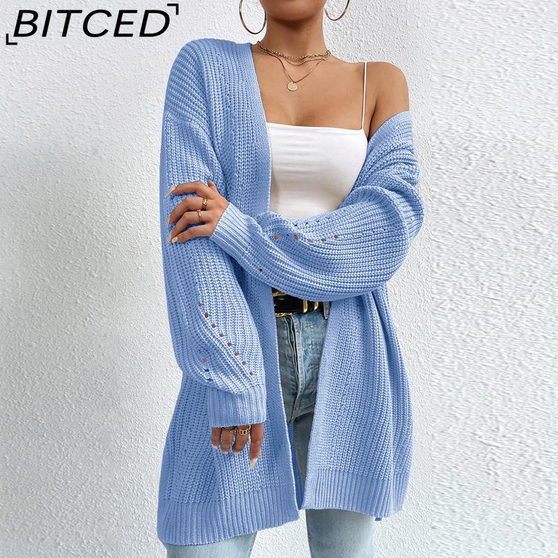 BITCED Autumn/Winter Oversized Mid-Length Cardigan Knitwear V-Neck Solid Colour Knit Top