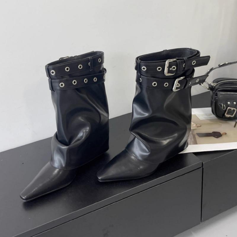 European and American Sexy Hot Girl White Belt Buckle Pointed Pants High Heels Short Boots 35 чёрный 4370₽