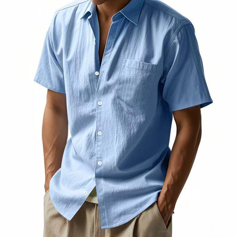 Summer New Style Solid Color Linen Shirt Short-sleeved Men's Lapel Loose Casual Pocket American Shirt