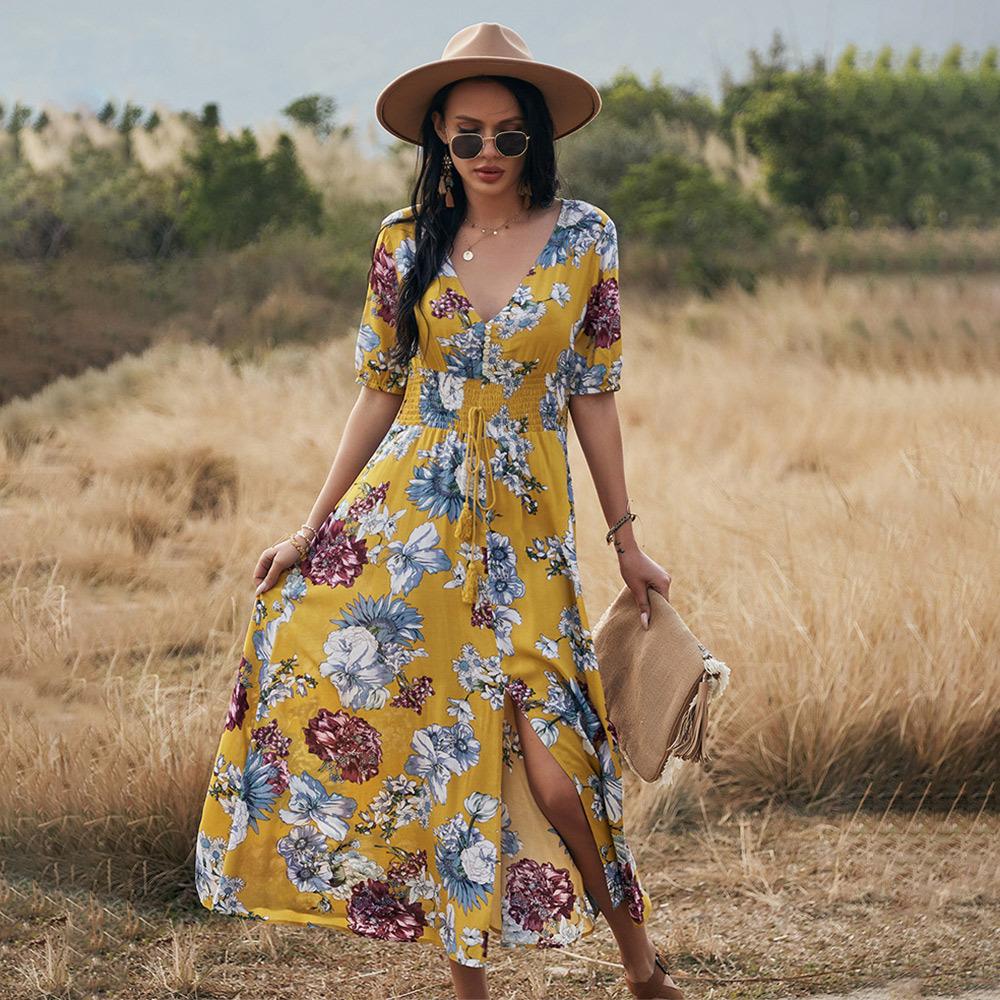 2023 Summer New Sexy Printed Bohemian Dress with Waistline Slimming Women's Clothing