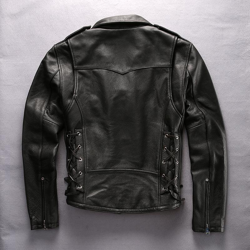 HARLEYANGEL spring and autumn locomotive leather jacket men, lapel oblique zipper leather rope waist top layer cowhide leather jacket