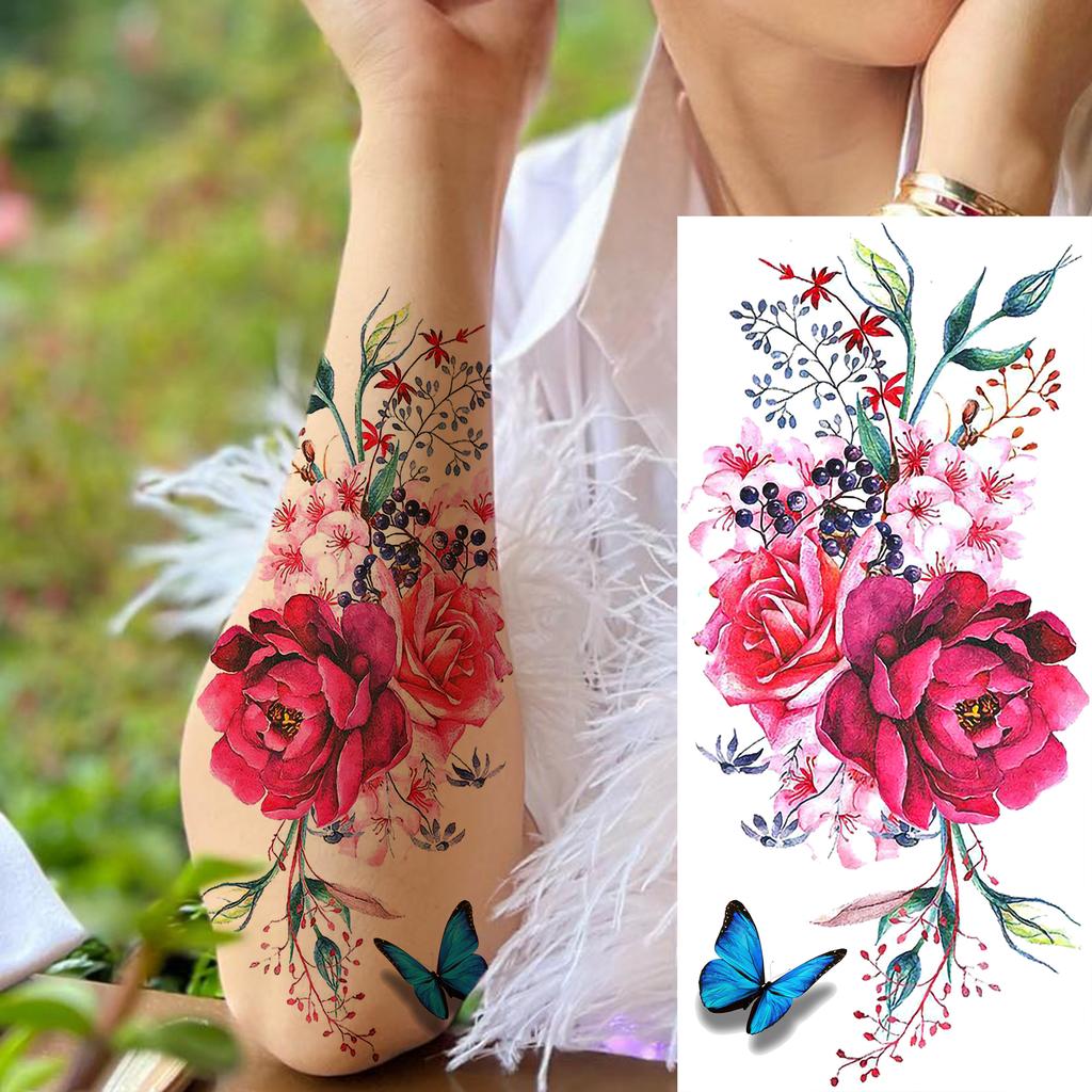 1 Sheet Black Flower Temporary Tattoos For Women Girls Realistic Fake Flora Floral Peony Tattoo Sticker Body Art Painting Decal