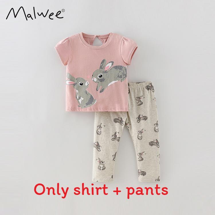Girl Summer Rabbit Cotton Two Piece Set With Short Sleeve Top And Long Pants For Kids 3 To 8 Years