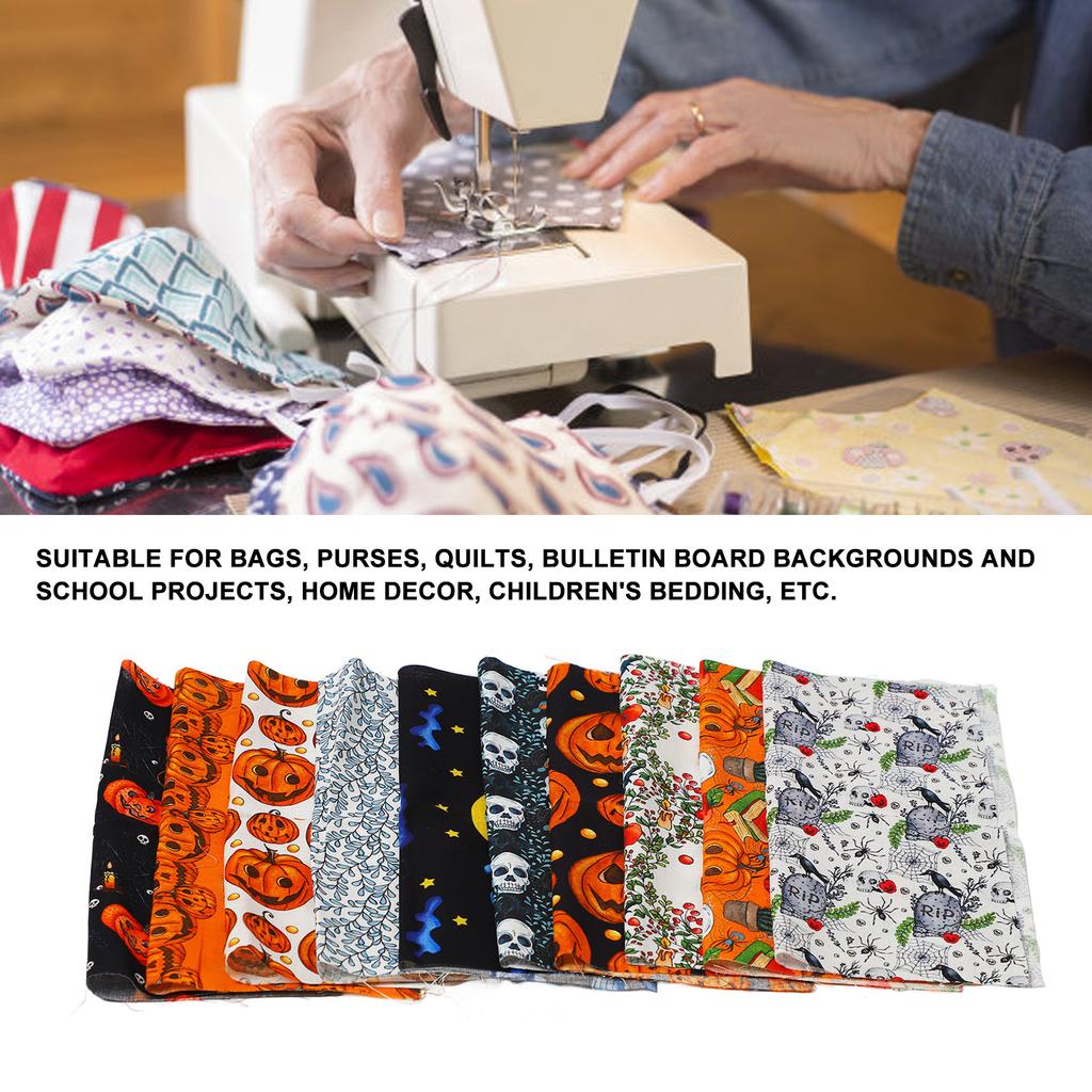 10 Sheets Halloween Cotton Fabric Ghost Pumpkin Skull Print Pattern DIY Cotton Fabric Bundles for Sewing Quilting 25x25cm / 9.8x9.8in
