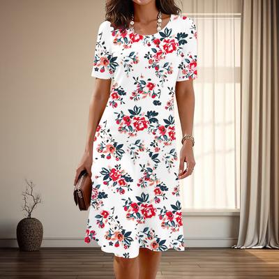 Women's Fashion Graceful Flower Print Summer Spring Short Sleeve O-Neck Casual Dresses