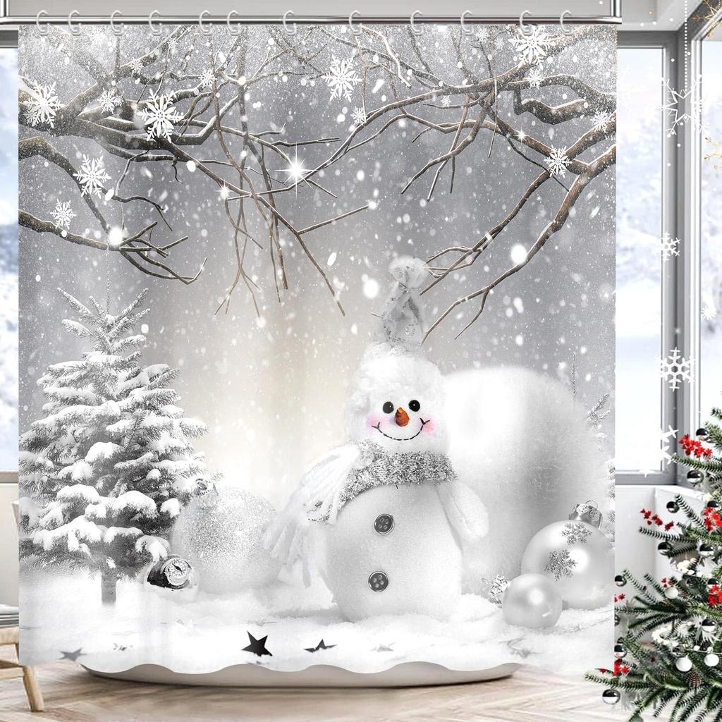 Winter Christmas Shower Curtain, Cute Snowman Snowflake Scene Holiday Decor Bath Curtain For Bathroom, Farmhouse Xmas Covered
