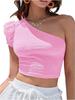 European and American New Summer Shoulder Asymmetrical Collar Fashion Solid Color Ruffle Edge Navel Short Top Women