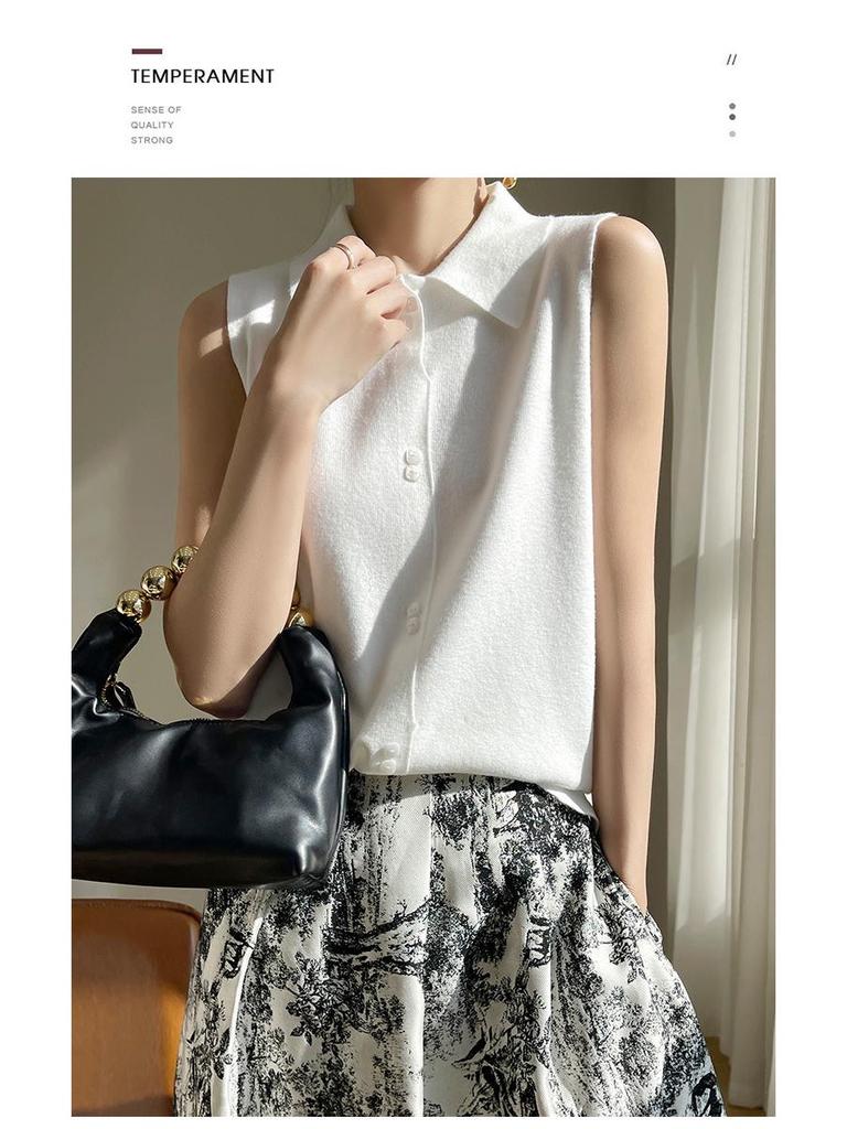 Women's Wool Knit Lapel Collar Sleeveless Base Layer Vest