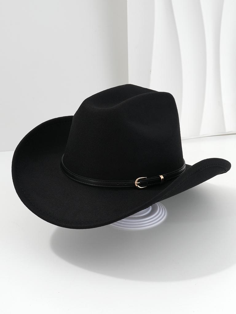 Vintage Black Cowgirl Hats with Personalized Metal Buckle Leather Belt Women Men Wide Brim Jazz Caps Western Fedora Hat