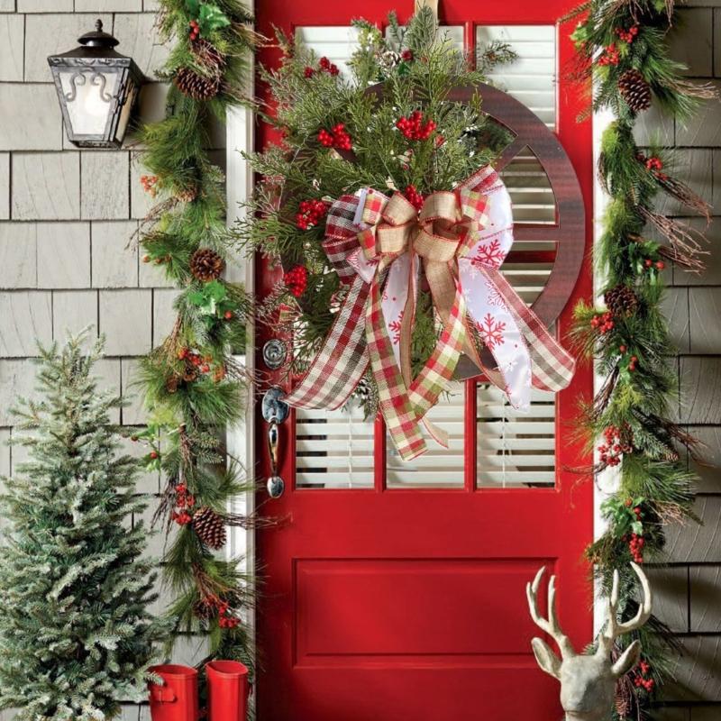 Christmas Wooden Wagon Wheel Wreath Simulation Winter Themed Party Bar Door