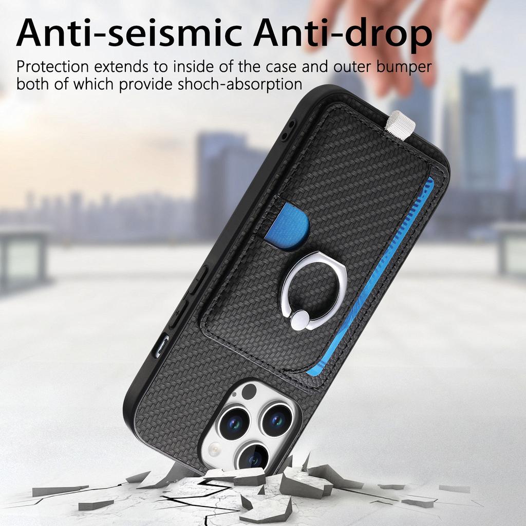For iPhone 16 Pro Case Ring Kickstand Leather Back Cover with Magnetic Detachable Card Holder