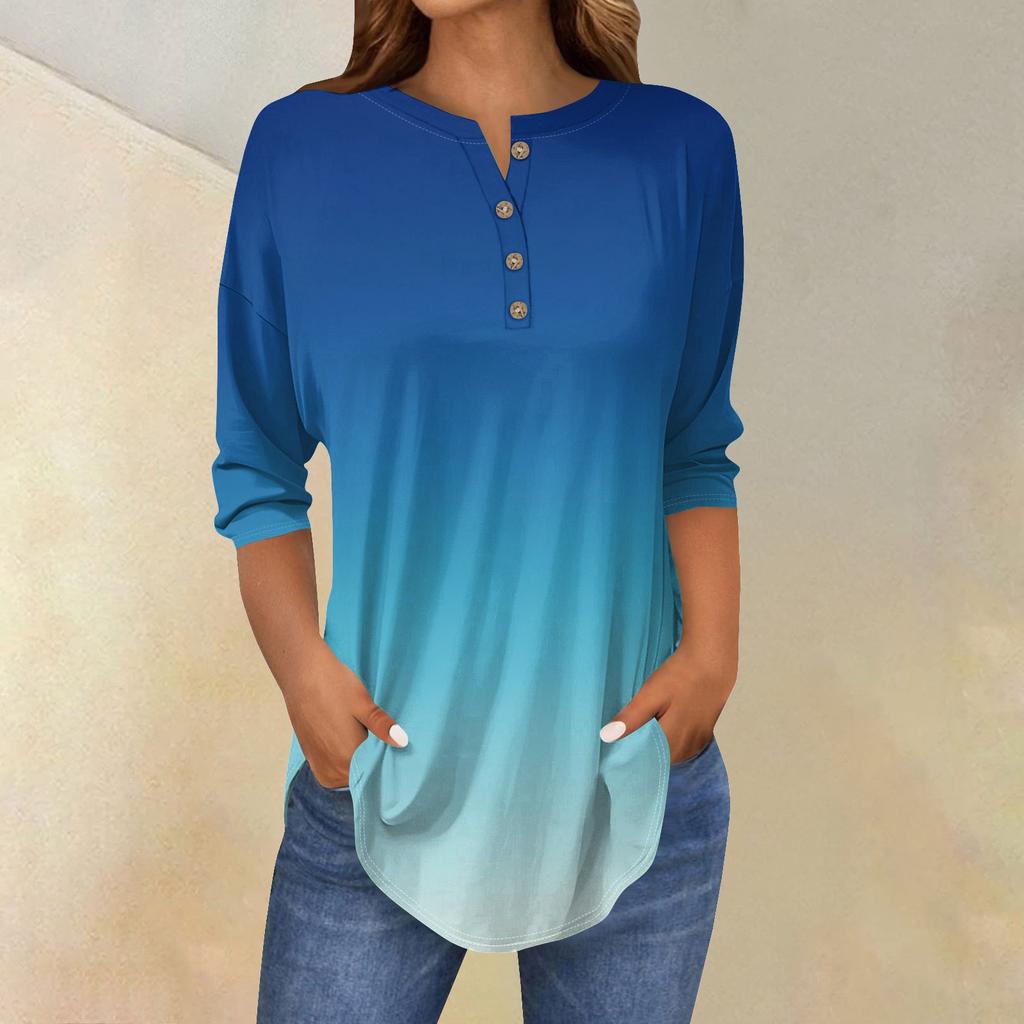 Women's Fashion Casual Three-quarter Sleeve Gradient Printed Round Neck T-shirt Top