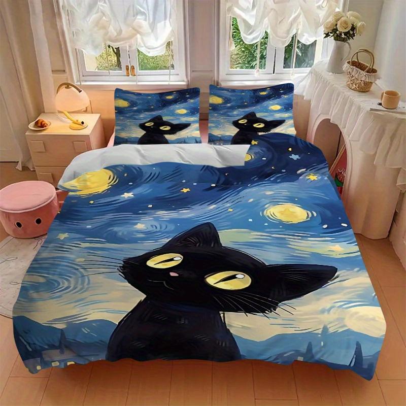 3pcs Black Cat Night Sky Bedding Set, Breathable And Soft, Suitable for All Seasons Machine Washable, Suitable for Bedroom Decoration,yy250822116