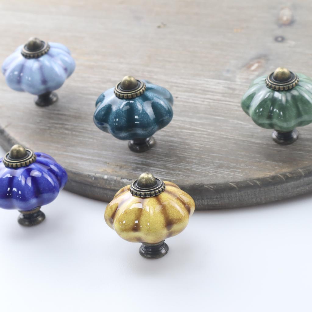 2pcs Vintage Ceramic Pumpkin Handle Furniture Cabinet Drawer Single Hole Handle With Screw Clothing Cabinet Door Handle