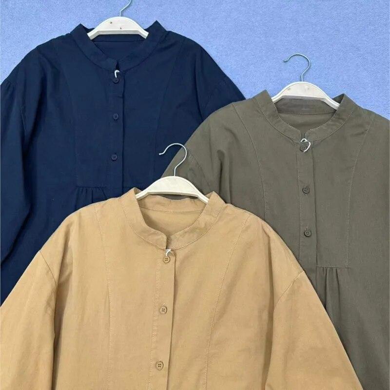 Johnature весенние японские рубашки с воротником-стойкой — фото 7